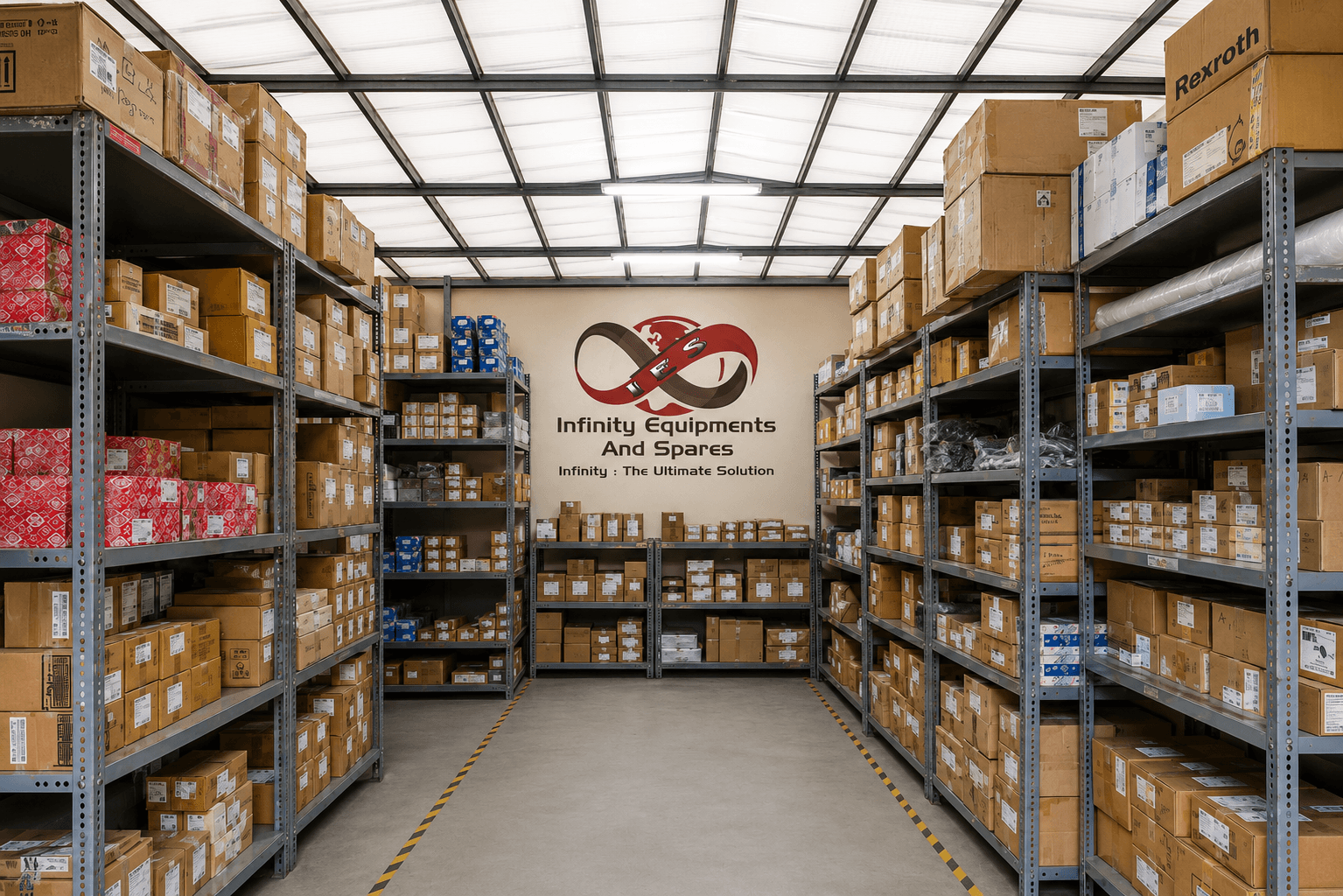 Infinity Equipments And Spares modern warehouse facility demonstrating extensive inventory of industrial aerial equipment parts